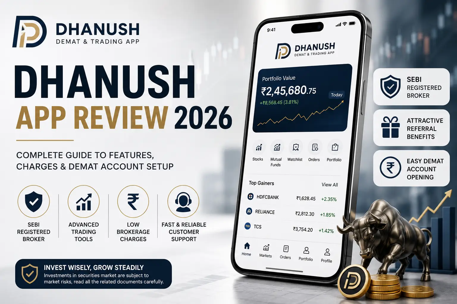 Dhanush App Review 2026 showing Demat account setup and stock trading platform interface